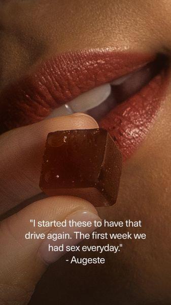 A close-up aesthetic shot of a customer holding a single libido gummy against a soft, intimate background, featuring a bold text-based testimonial.